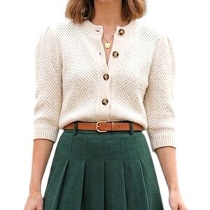 Zara wool blend ivory white puff sleeve basketweave cropped cardigan sweater S